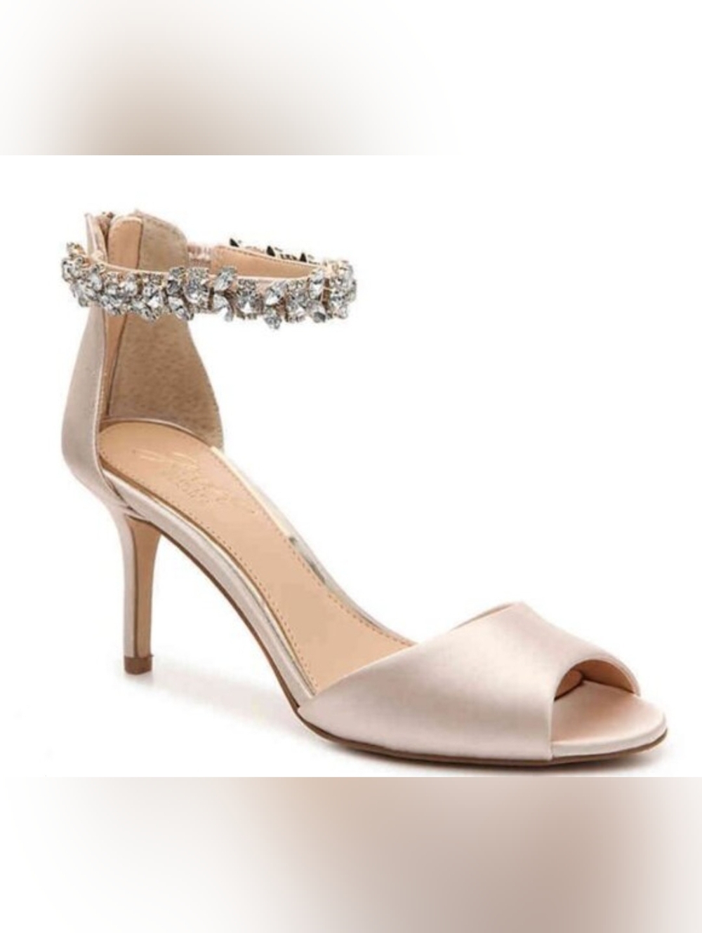 JEWEL BADGLEY MISCHKA CHAMPAGNE SATIN HEEL WITH RHINESTONE ANKLE STRAP SIZE 10